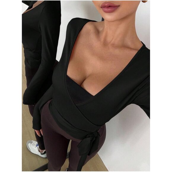 Women Long Sleeve Yoga Top Wrap V Neck Slim Fit Activewear Medium - Picture 5 of 5